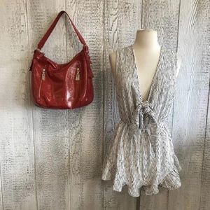 Ruby May White w/ Black Stripes Ruffled Romper